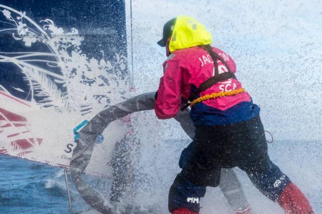 Onboard Team SCA - Stacey Jackson on the bow for a sail change - Leg five to Itajai -  Volvo Ocean Race 2015 © Anna-Lena Elled/Team SCA